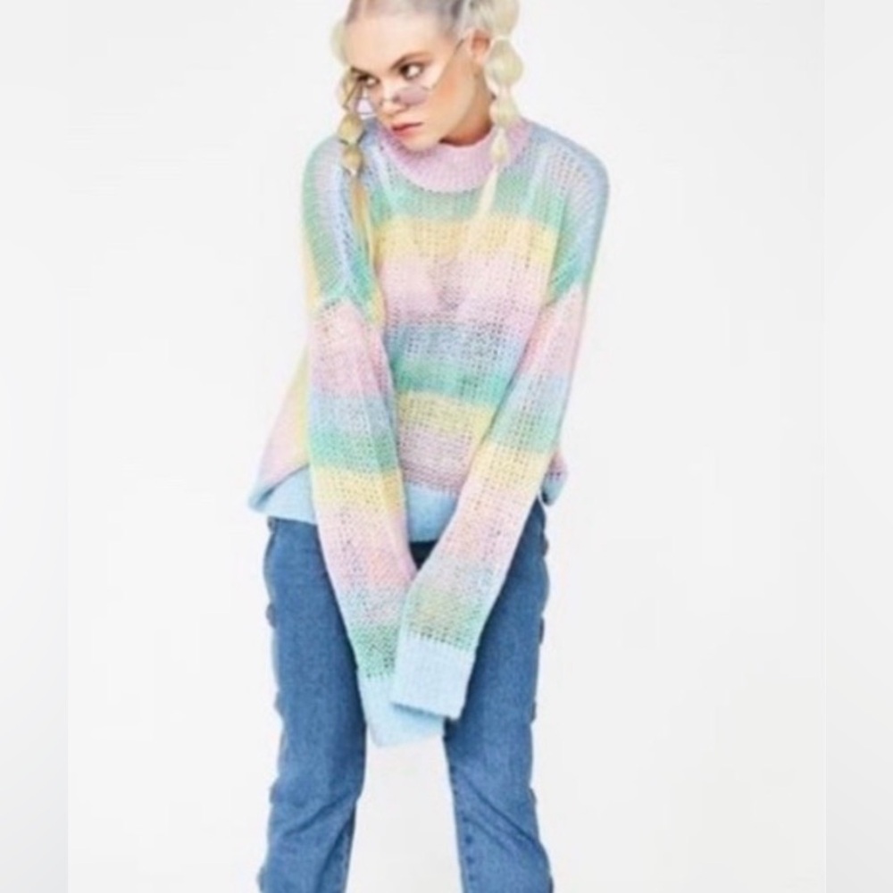 Lazy Oaf Women’s Pastel Rainbow Knit Turtleneck Sweater - Size Medium